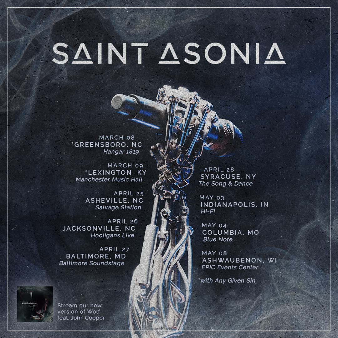 Robotic hand holding a microphone on a concert poster for Saint Asonia tour dates.