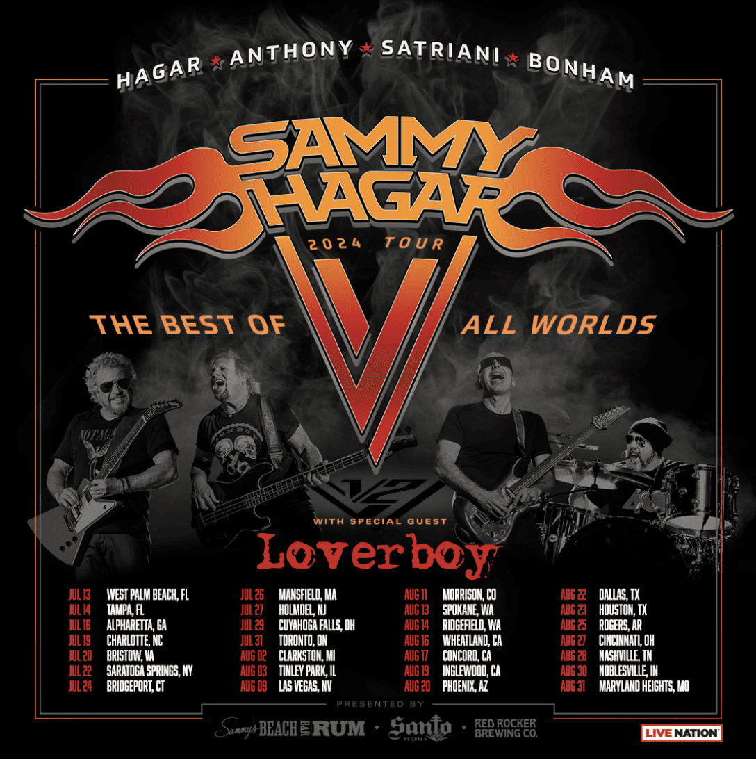 Sammy Hagar tour poster featuring Black and white band photos, listing tour dates and cities across the U.S. with the special guest Loverboy, promoting rock music events and concerts nationwide.