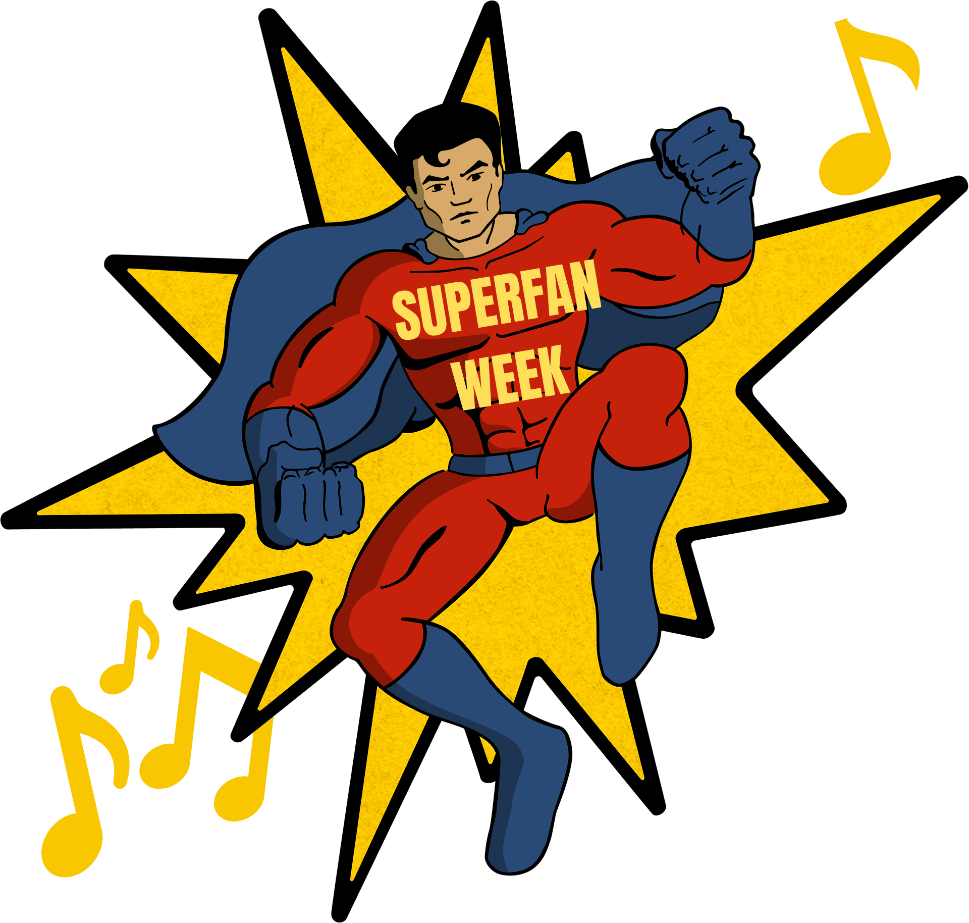 Superhero man in comic style with "Superfan Week" on chest, dynamic pose, bright yellow starburst background, musical notes, celebrating music fans and fan culture, vibrant illustration for Hypebot SEO.