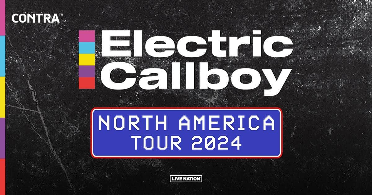 Electric Callboy North America tour 2024 promotional poster with bold typography and vibrant colors, highlighting the band’s tour dates and branding on a dark textured background.