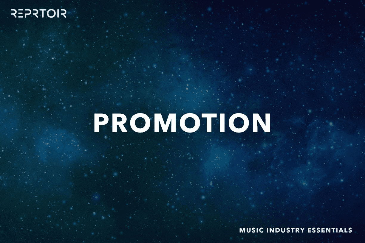 Promotion of music industry essentials with starry night background, digital marketing, artist promotion, and industry growth strategies.