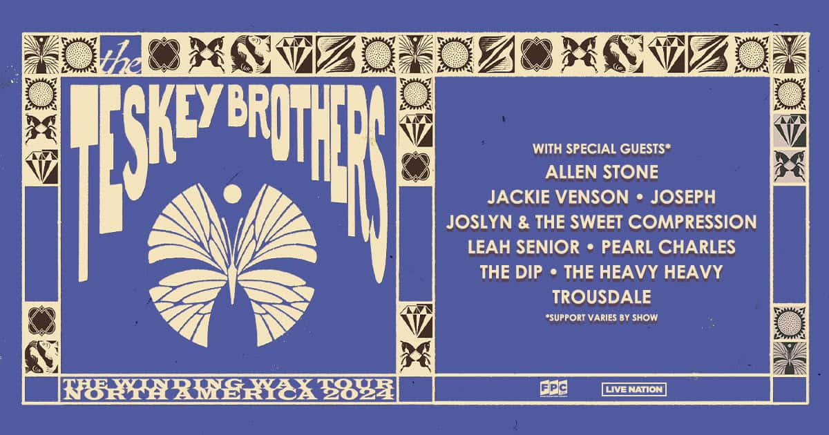 Teskey Brothers live music concert tour poster featuring special guests with blue and gold design elements, promoting the Wind & Waving Way Tour North America 2024.