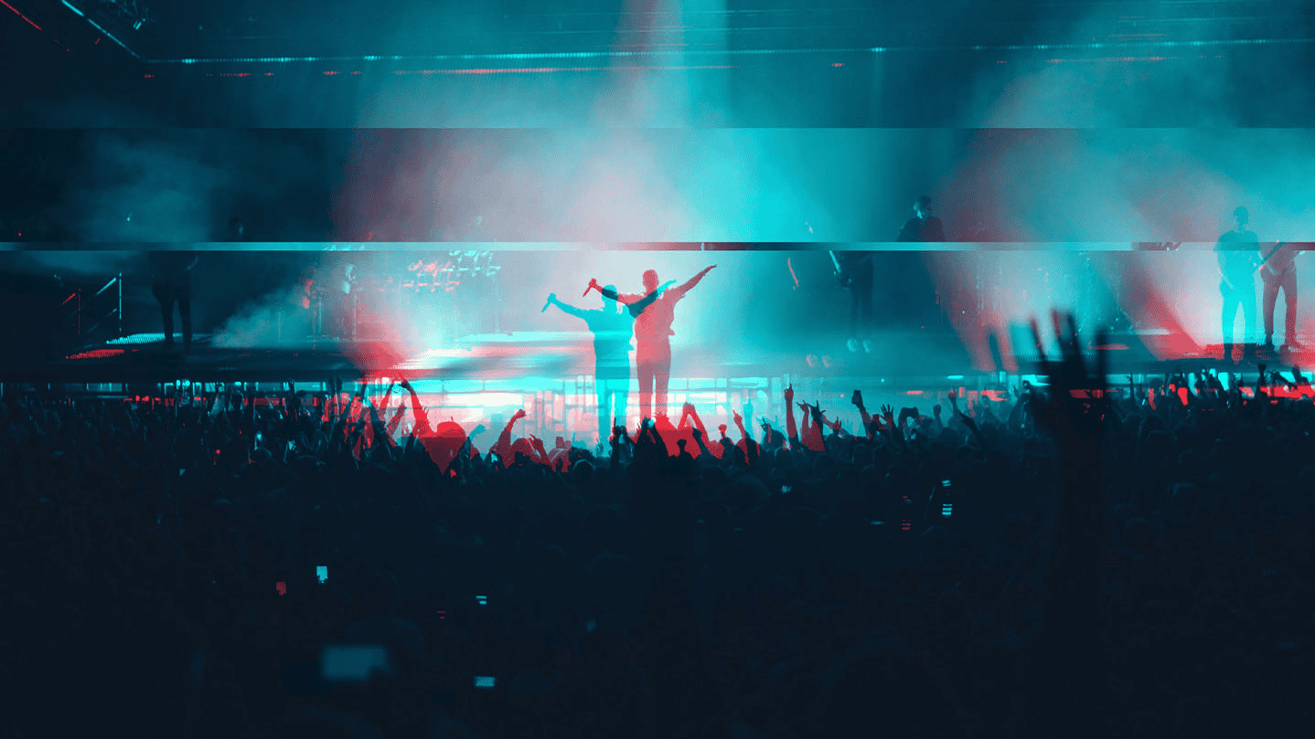 Live music concert with vibrant lighting, energetic crowd, and performers on stage, capturing the essence of music festivals and entertainment events for music industry SEO.