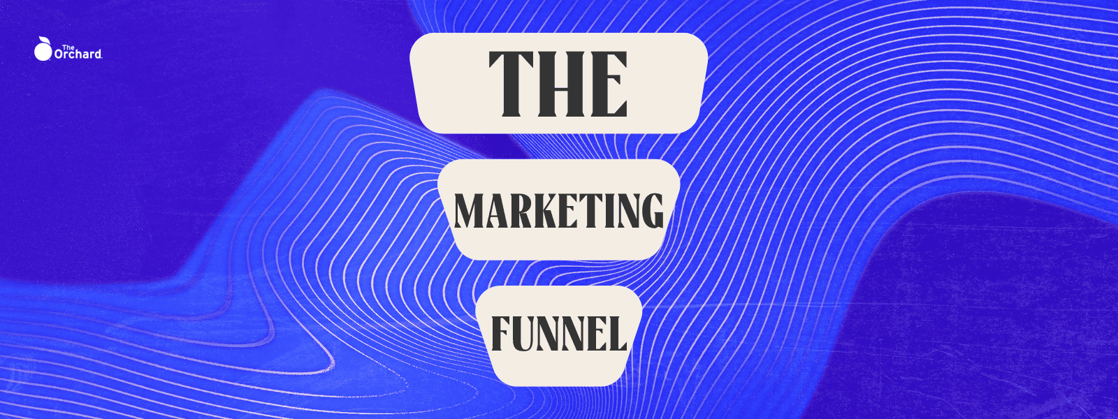 Marketing funnel illustration with bold text for digital marketing strategy and lead generation in blue wave background.