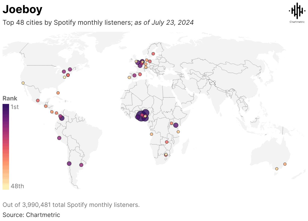 Spotify top listener cities worldwide as of July 23, 2024, visualized on a global map showing rankings and listener data for music trends.