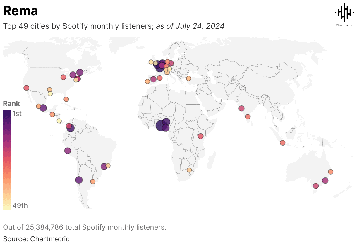 Spotify top cities map showing global monthly listeners, highlighting the most popular locations with data visualization for music industry insights.