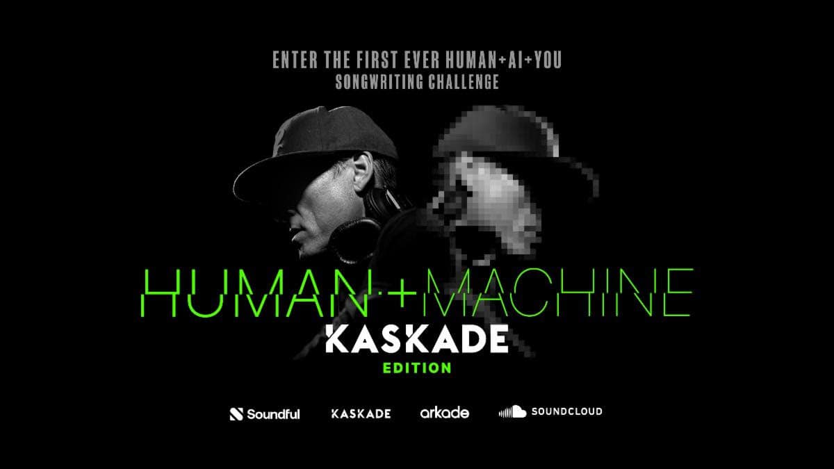 A man and a woman with pixelated faces, promoting the Human+Machine Kaskade Edition song contest for AI and human collaboration in music.