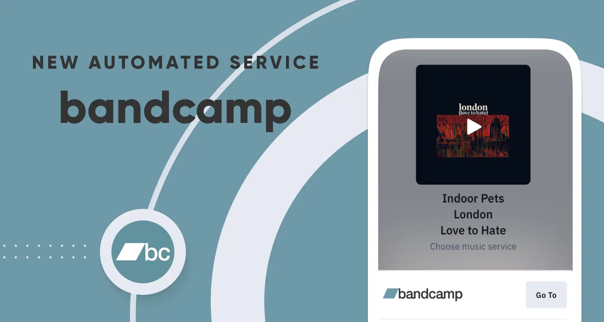 Automatic music service promotion banner for bandcamp platform with album artwork and call-to-action; digital music streaming and artist discovery image.