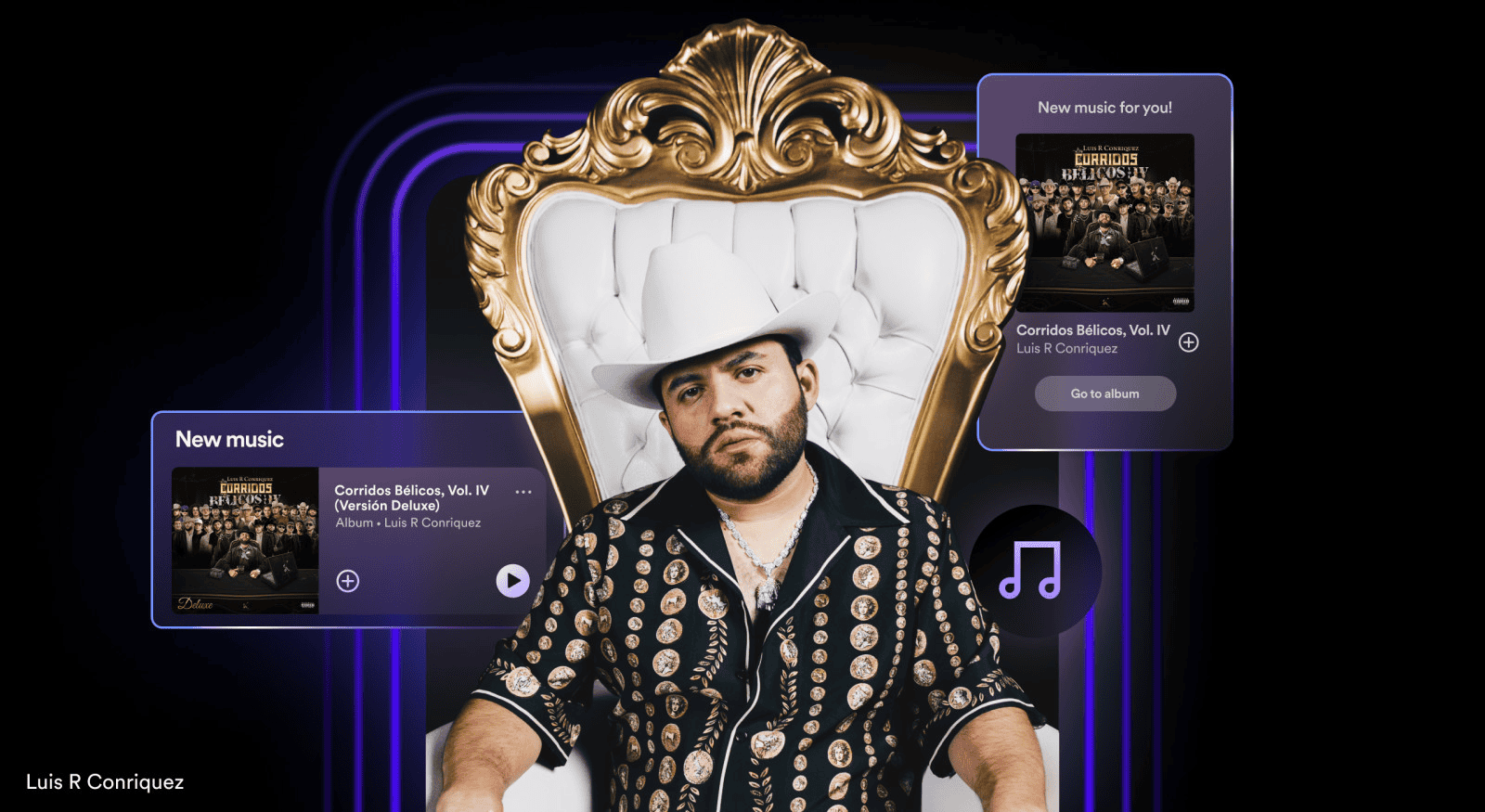 "Luis R Conriquez in a digital music promotion image, showcasing his album 'Corridos Bélicos, Vol. IV', highlighting modern music streaming with album artwork and interface elements for music marketing.".