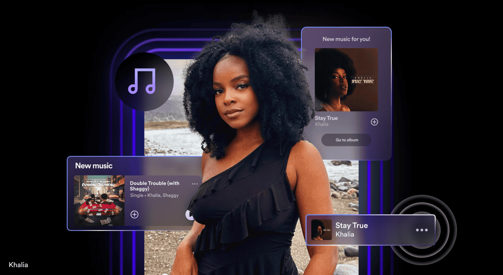 Music streaming app showcasing Khalia's new singles and album releases with digital interface elements on a dark background, emphasizing music promotion and artist visibility.