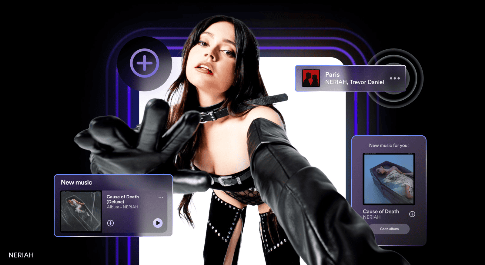 High-tech music promotion, futuristic digital music interface, young woman with gloves, album release for Cause of Death by NERIAH, innovative music marketing, immersive music experience, electronic visual art, album promotion technology, digital music discovery platform.