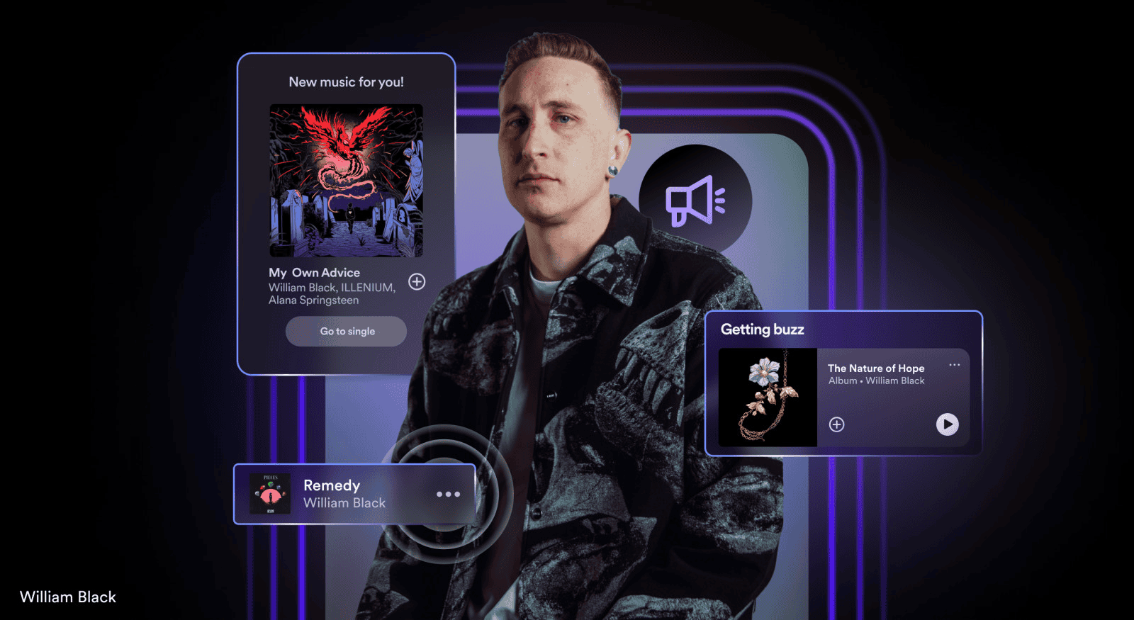 New music artist William Black promoting his latest tracks and collaborations with digital media elements and streaming icons.