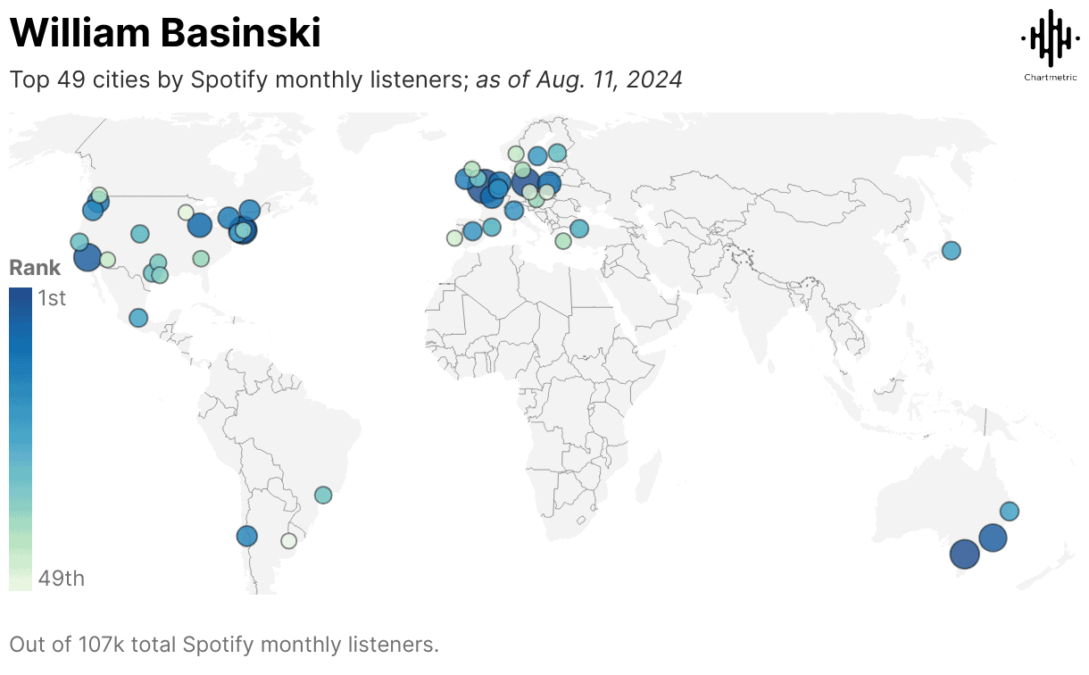 Spotify top cities by monthly listeners map, music streaming, global audience, trending music insights, Spotify analytics, music industry data, worldwide music preferences.