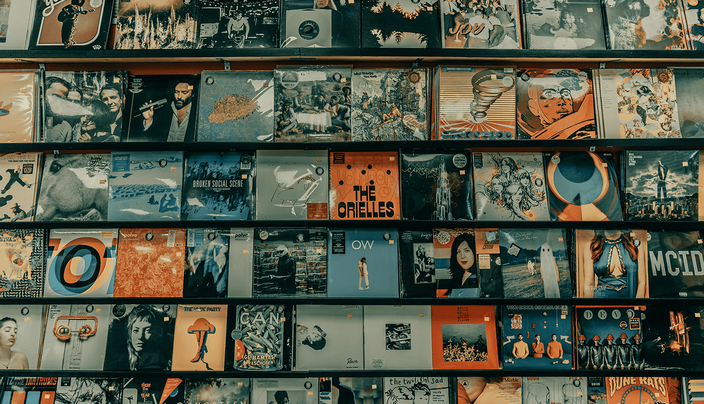 Vinyl records displayed on a store shelf, showcasing diverse album art and music genres, ideal for music industry content and vinyl enthusiast audiences.