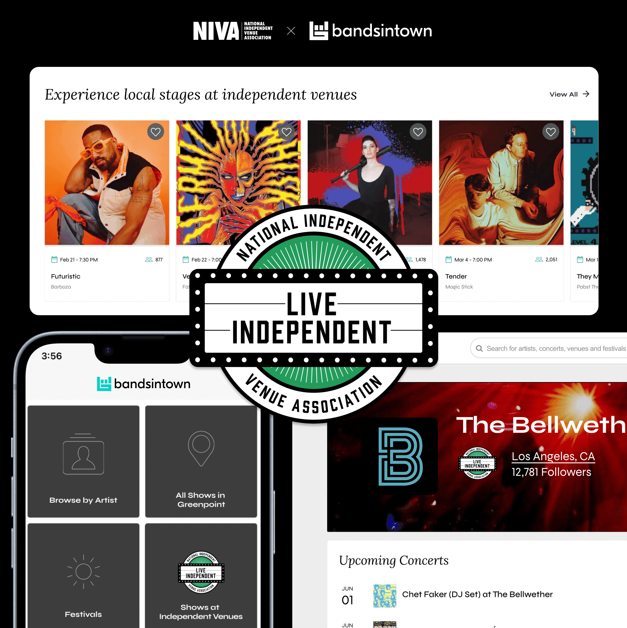 NIVA and bandsintown logo with live indie music event promotions and mobile app interface for independent venues and concerts.