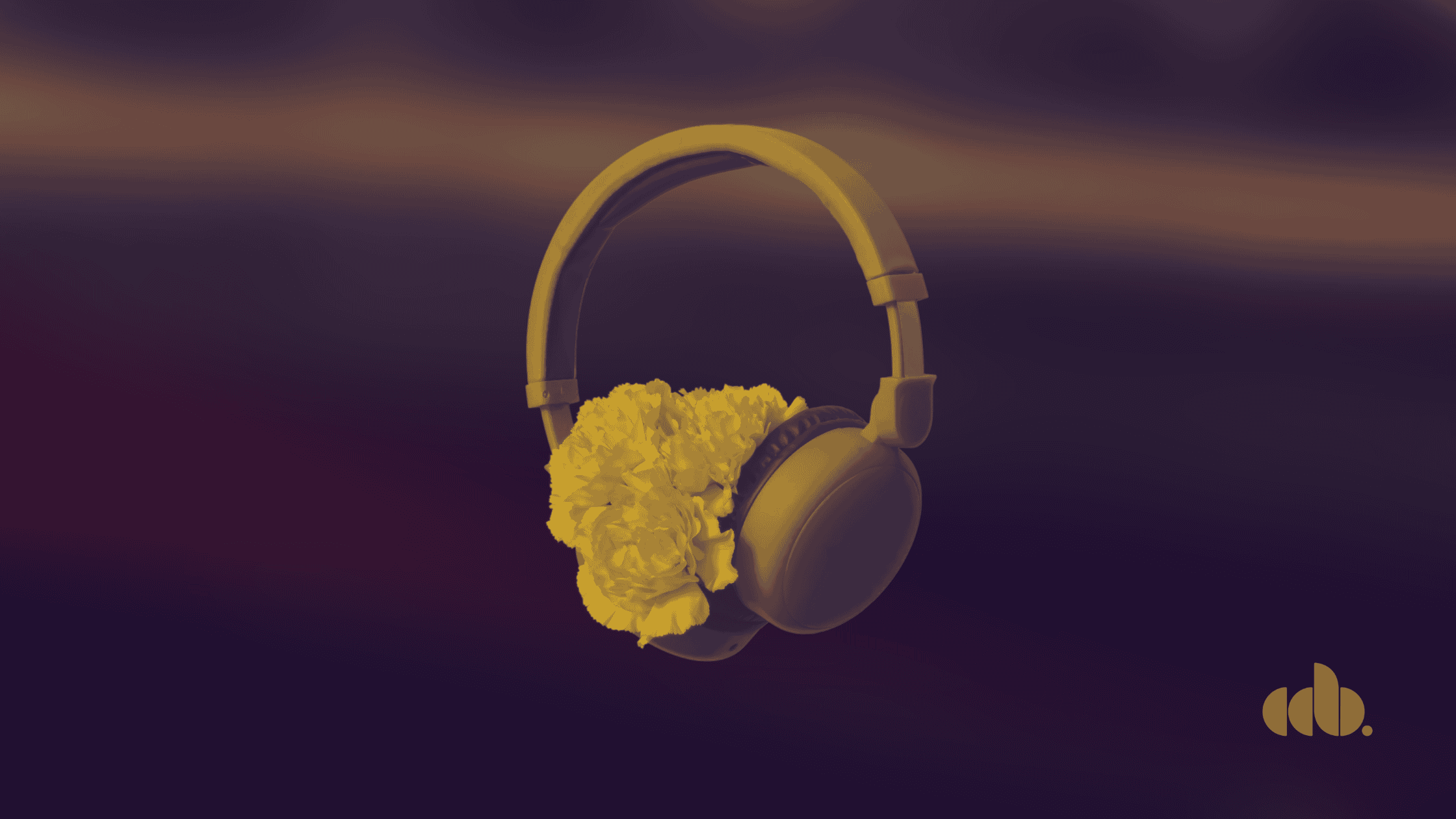 Headphones with yellow flowers on a dark gradient background, representing music, entertainment, and audio content for Hypebot.