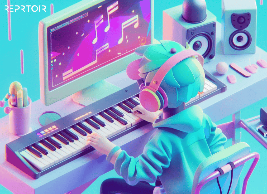 Colorful digital music production workspace with a child wearing headphones playing a keyboard, computer screen displaying music notes, speakers, and musical instruments, vibrant pastel aesthetic, modern music technology, creative music making environment.