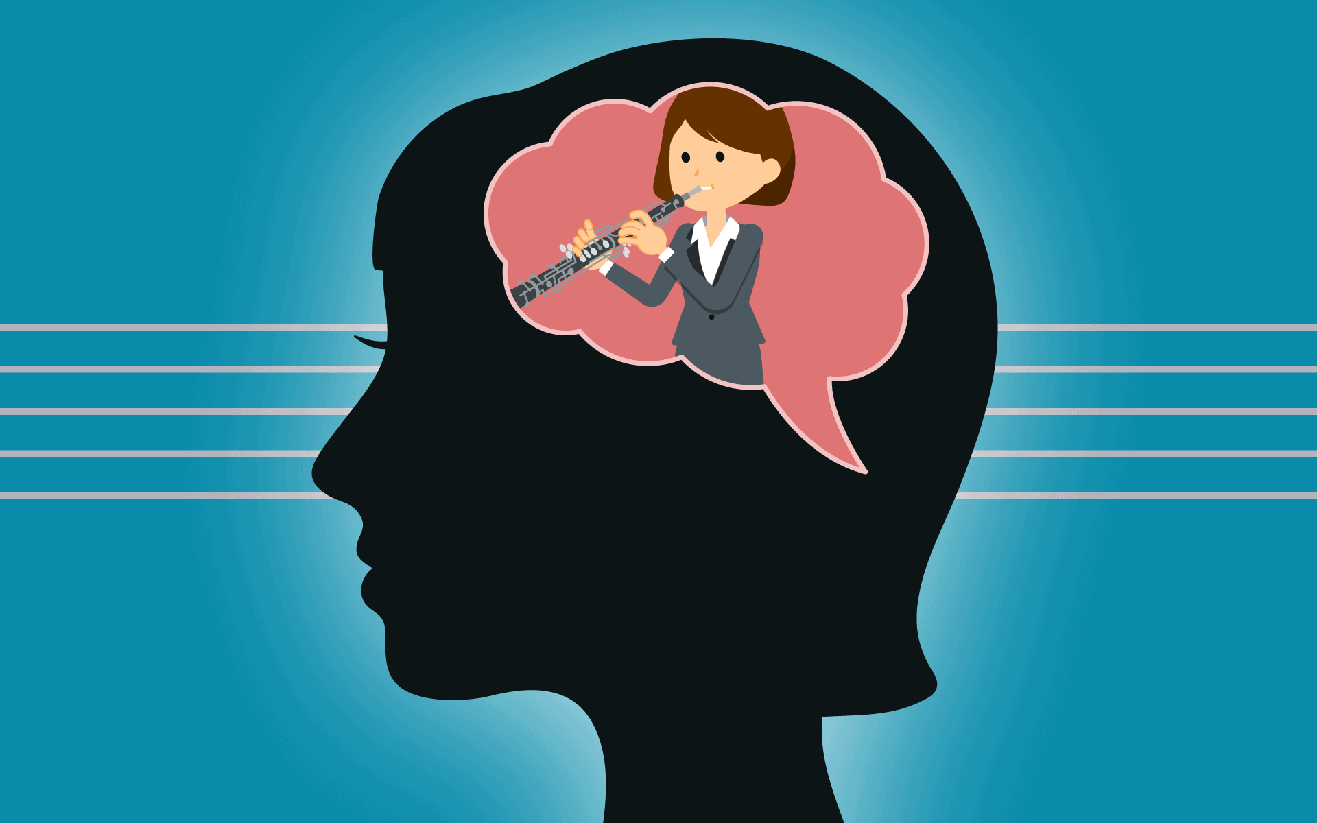 Brain health and musical therapy concept with cartoon woman playing flute inside head silhouette, healthcare, mental wellness, cognitive function, artistic therapy, mental health awareness, Hypebot.