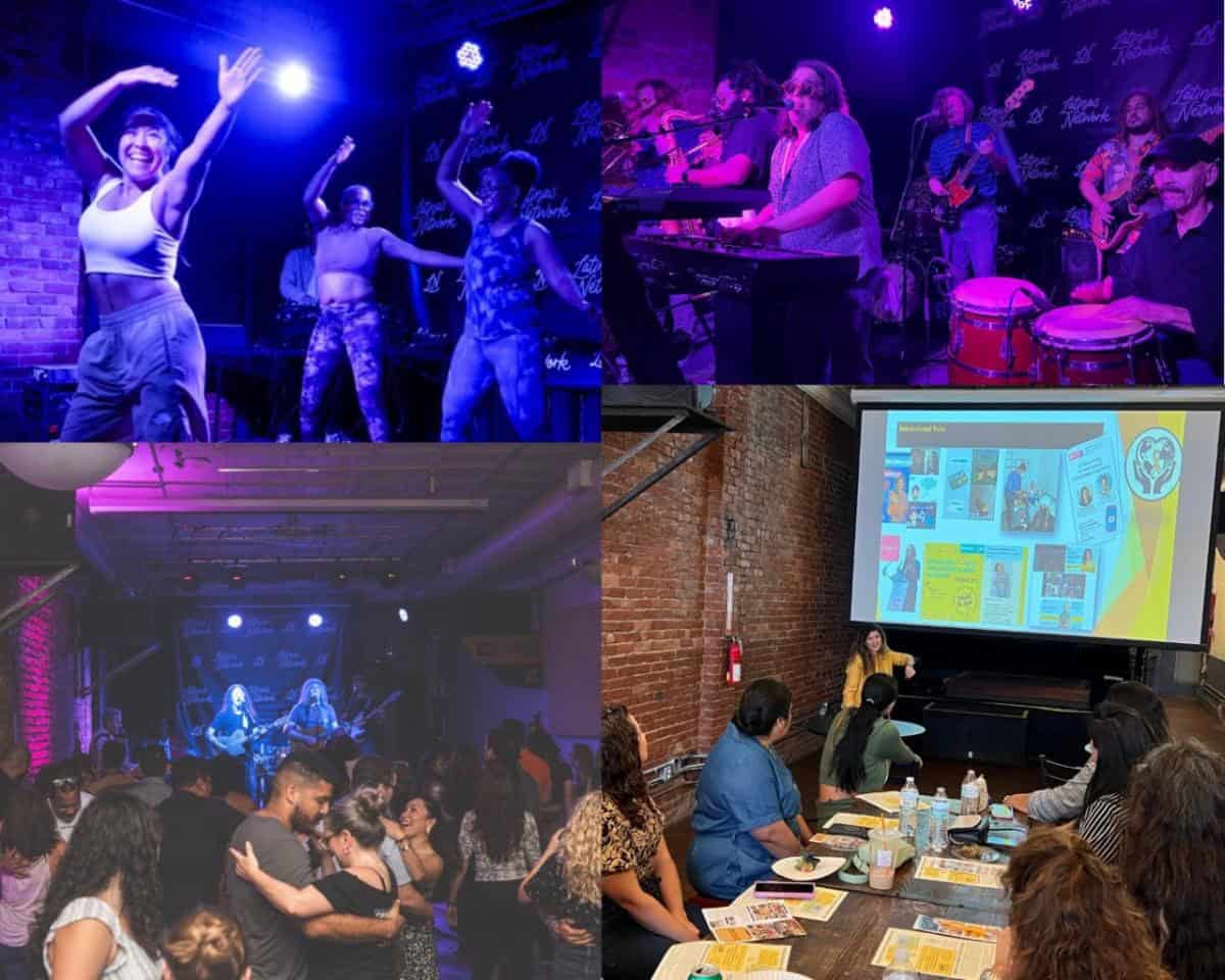 Dance performance and live music event at a vibrant arts venue with an engaged audience and stage lighting.