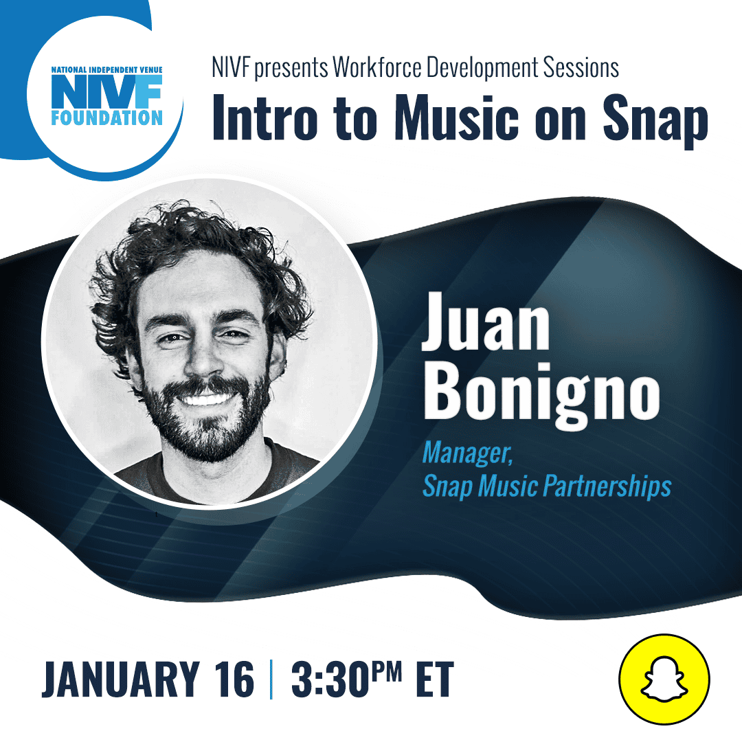Innovative music industry event featuring Juan Bonigno, Manager at Snap Music Partnerships, discussing strategies for success in music on Snapchat at the National Independent Venue Foundation.
