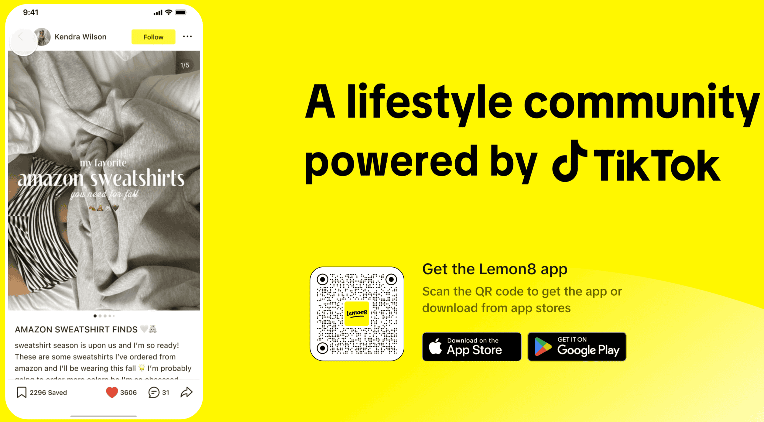 Amazon sweatshirt review on Hypebot, highlighting popular fall fashion trends, provided by TikTok community, with app download QR code, emphasizing social commerce and resale marketplaces.