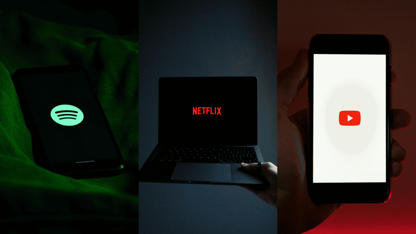 Spotify app on phone in dark mode, netflix on laptop with black background, youtube on smartphone in red lighting, digital streaming services, media entertainment technology, multimedia content consumption, online streaming platforms, digital media devices, entertainment technology innovations, popular streaming apps relevance.