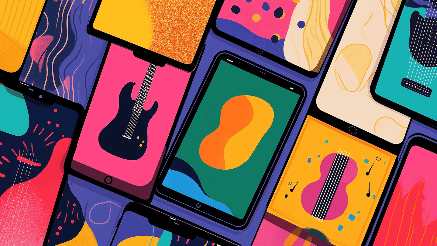 Bold colorful smartphones displaying abstract musical instrument graphics and vibrant designs, representing digital music, creativity, and modern mobile technology, perfect for music app or tech branding.