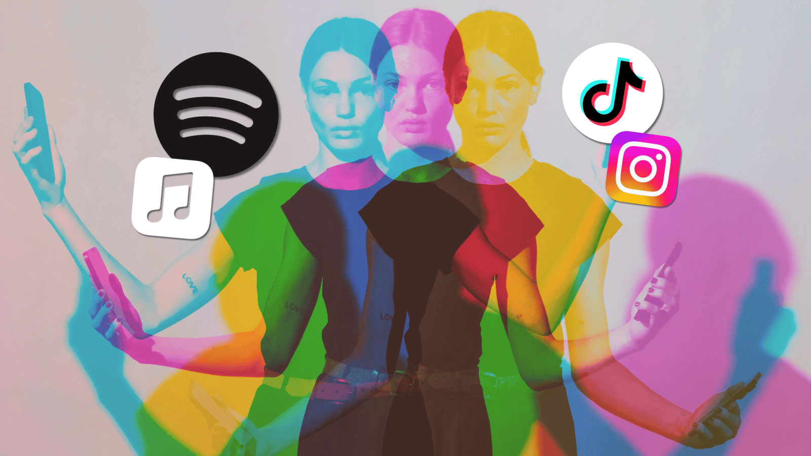 Vibrant multi-exposure image of a woman holding smartphones surrounded by social media app icons like Spotify, TikTok, and Instagram, highlighting digital music streaming and social media engagement.