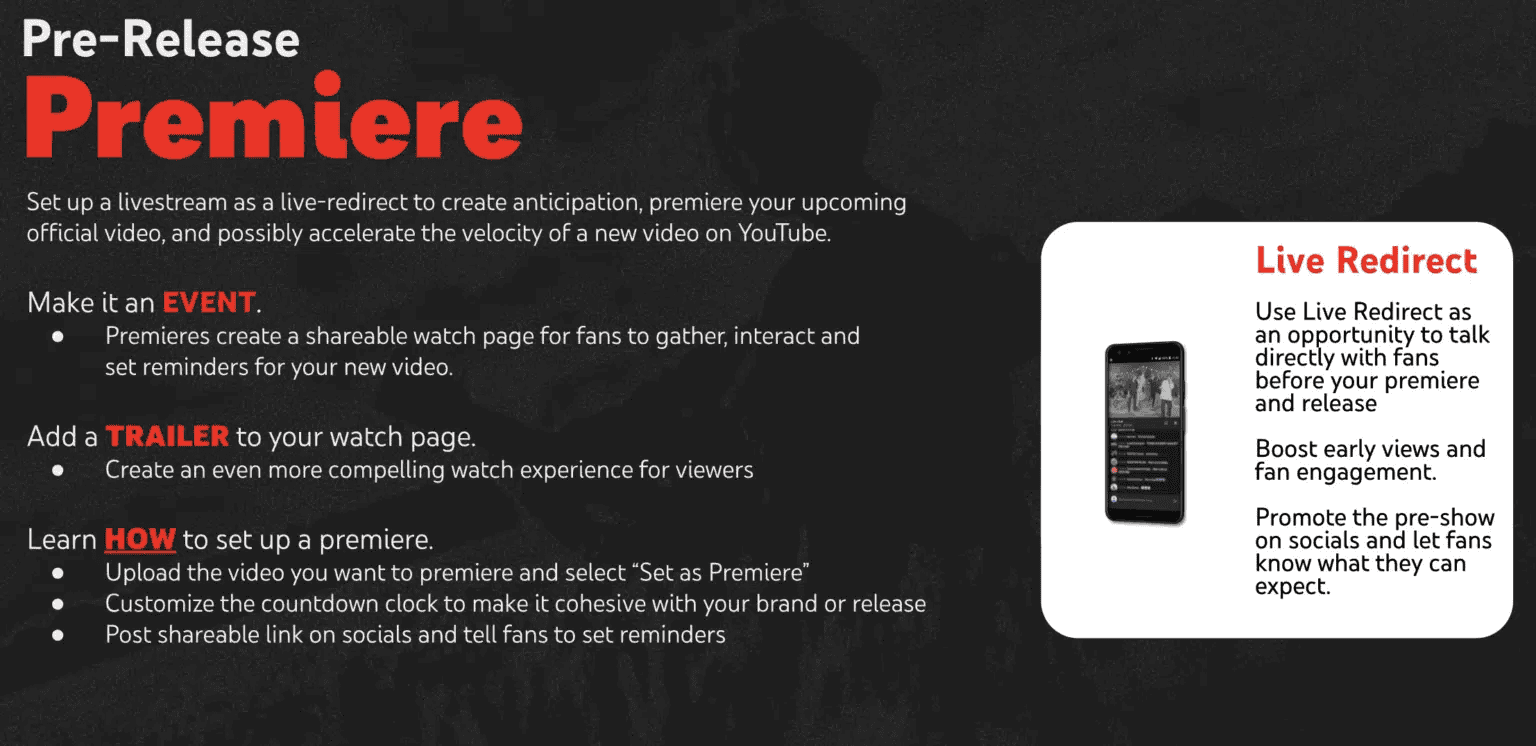 Pre-release premiere event for live video streaming and YouTube promotion using live redirect, trailer, and social media promotion.
