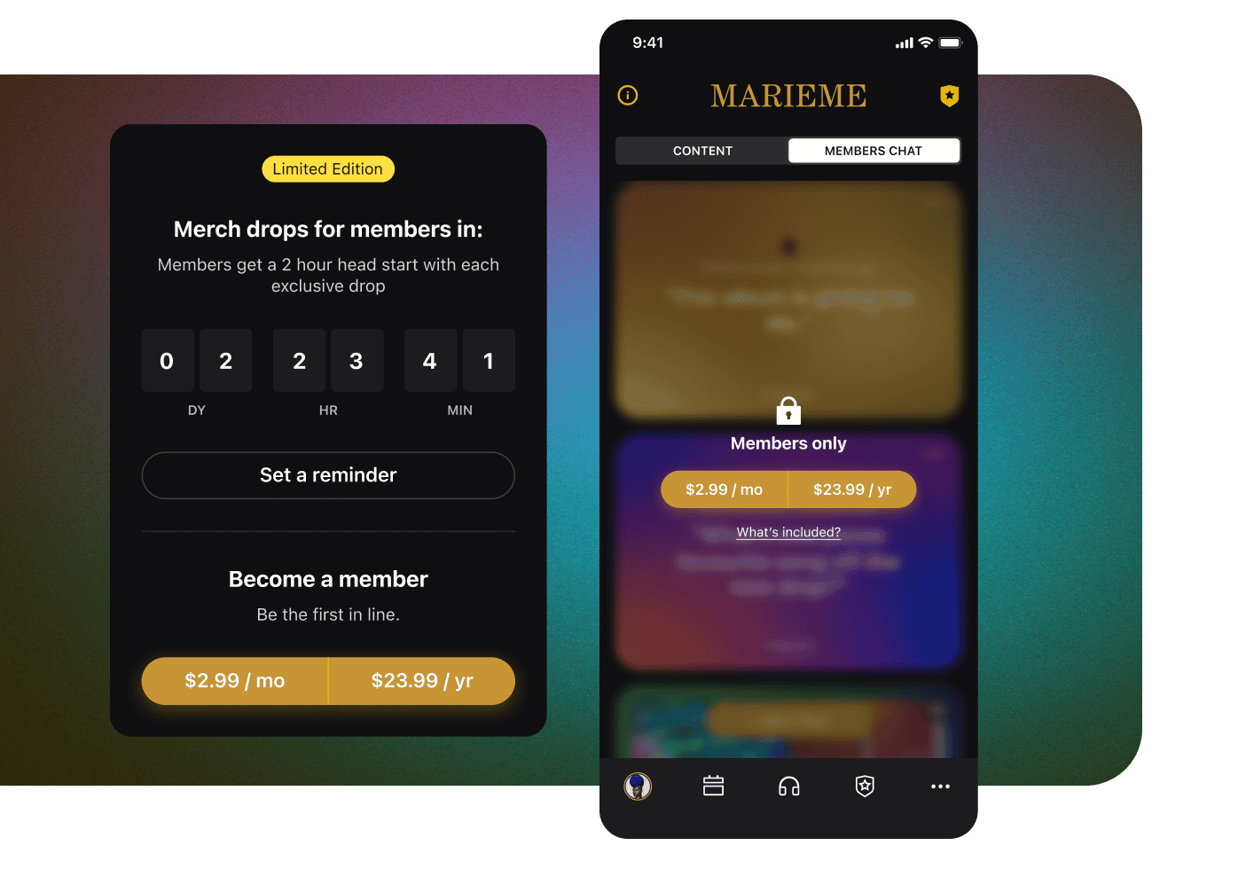 Merchandise drop notification for members with countdown timer and exclusive pricing showcased on a mobile app interface.