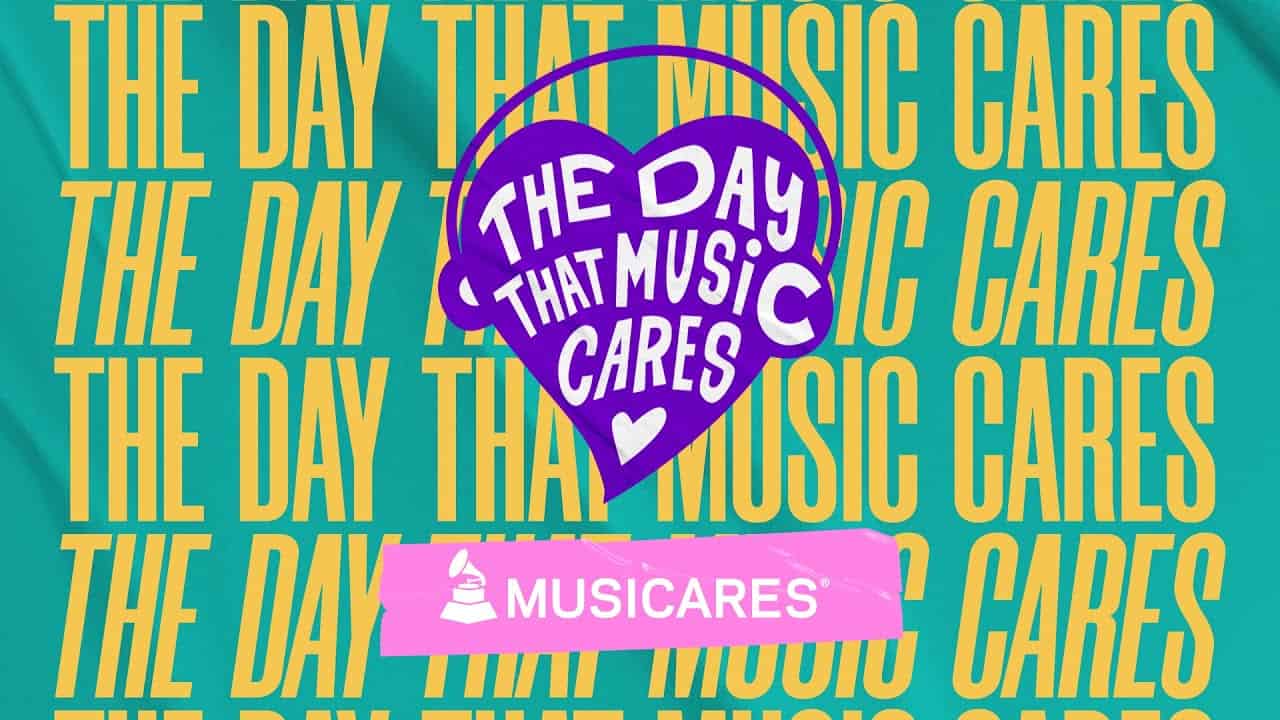 MusicCares logo with purple heart and white text, promoting awareness for music industry health and support.