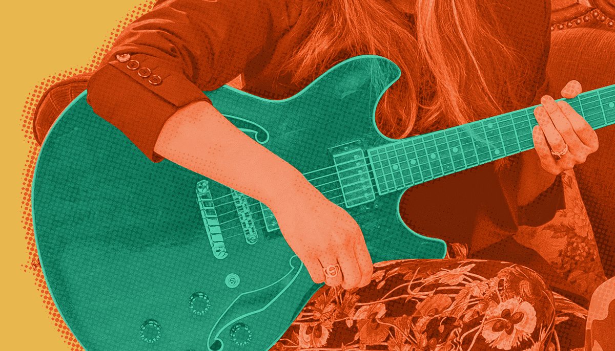 Brightly colored digital illustration of a person playing an electric guitar, showcasing musical creativity and music industry trends, perfect for music business and artist promotion content.