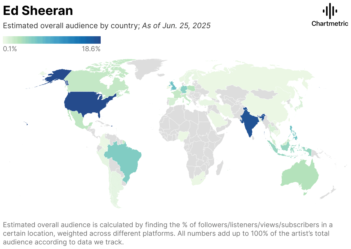 Ed Sheeran worldwide audience map as of June 25, 2025, highlighting global music fan distribution and streaming popularity for SEO optimization.