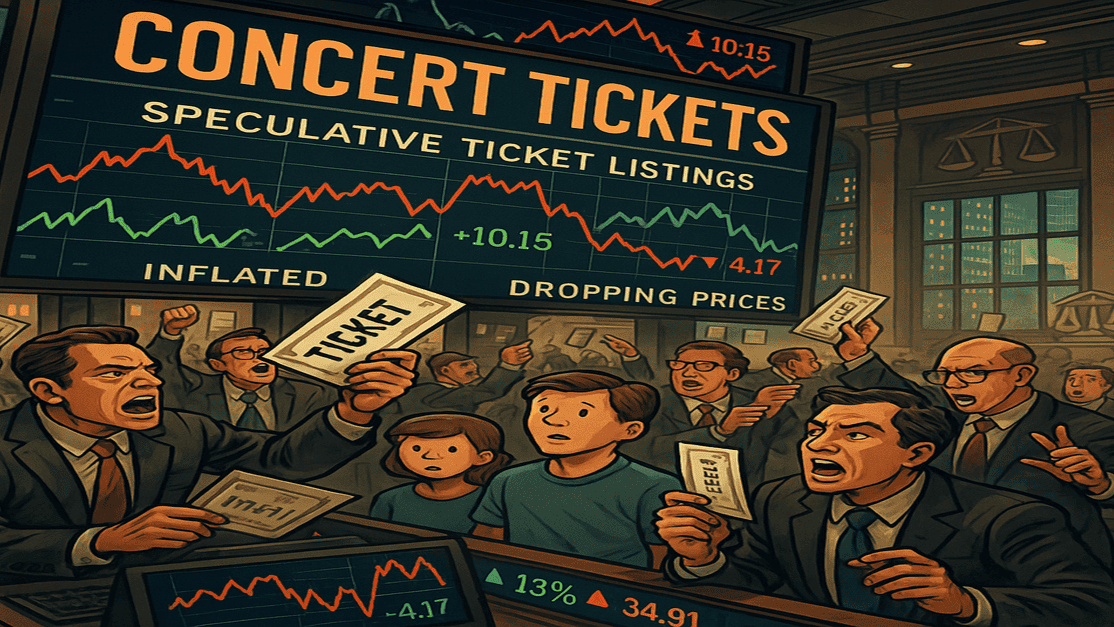 A bustling stock market scene with passionate protesters holding concert tickets amid fluctuating ticket prices on digital screens, highlighting economic volatility and the impact on the entertainment industry.