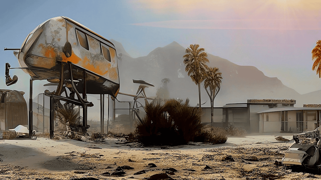 Derelict camper trailer in a devastated area with palm trees and mountains in the background, evidence of a recent wildfire or natural disaster.
