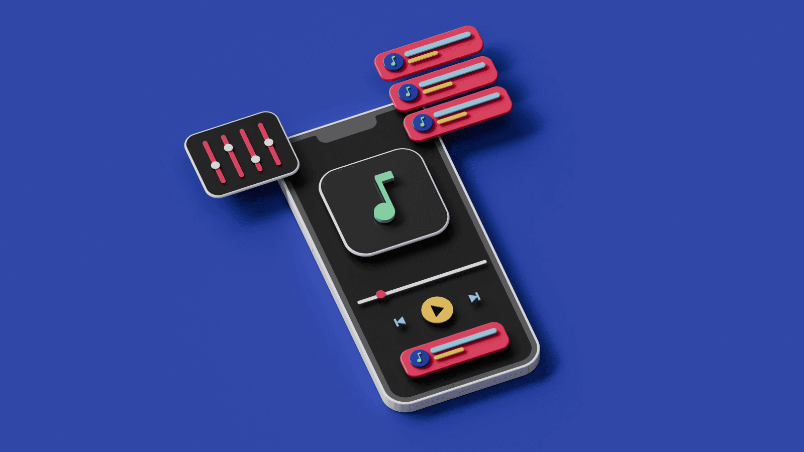 Pixel art style digital music player with sliders, dials, and musical notes, representing music production and streaming technology on a vibrant blue background.