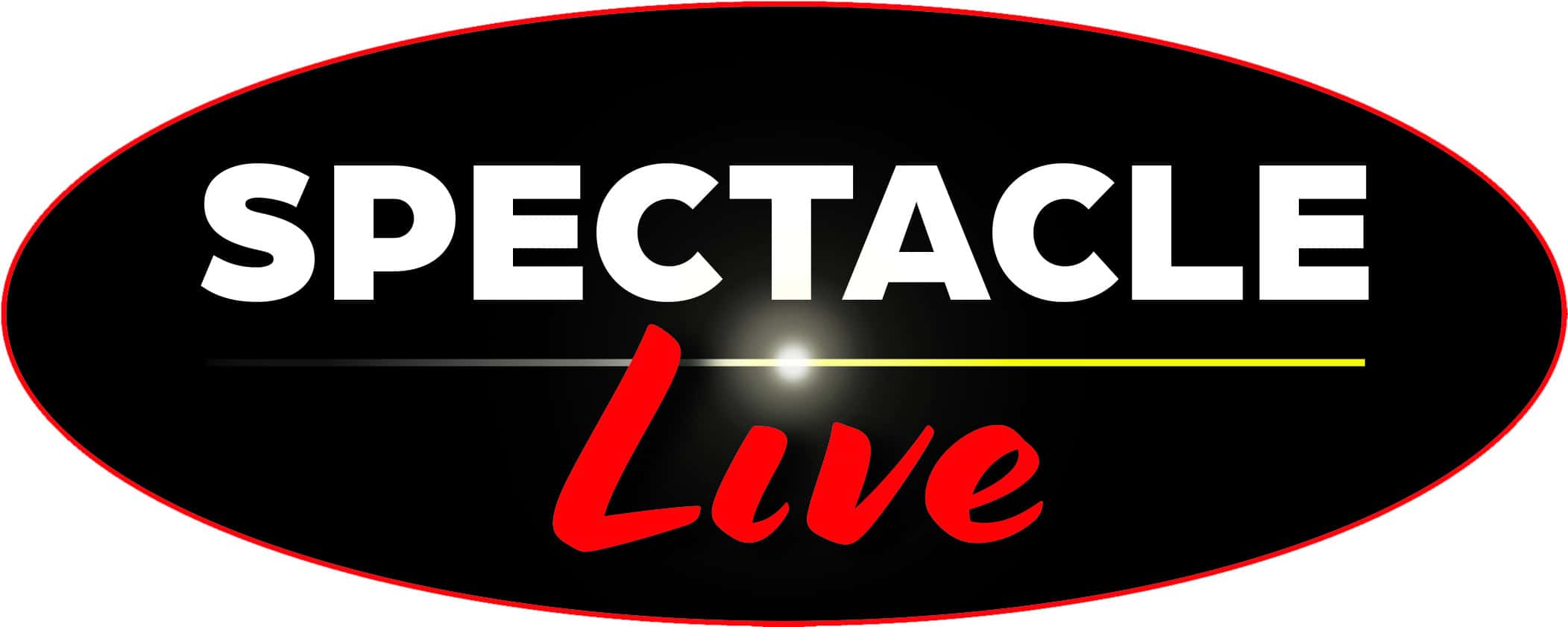 SPECTACLE Love logo with bold white and red text on a black oval background for entertainment and live event branding.