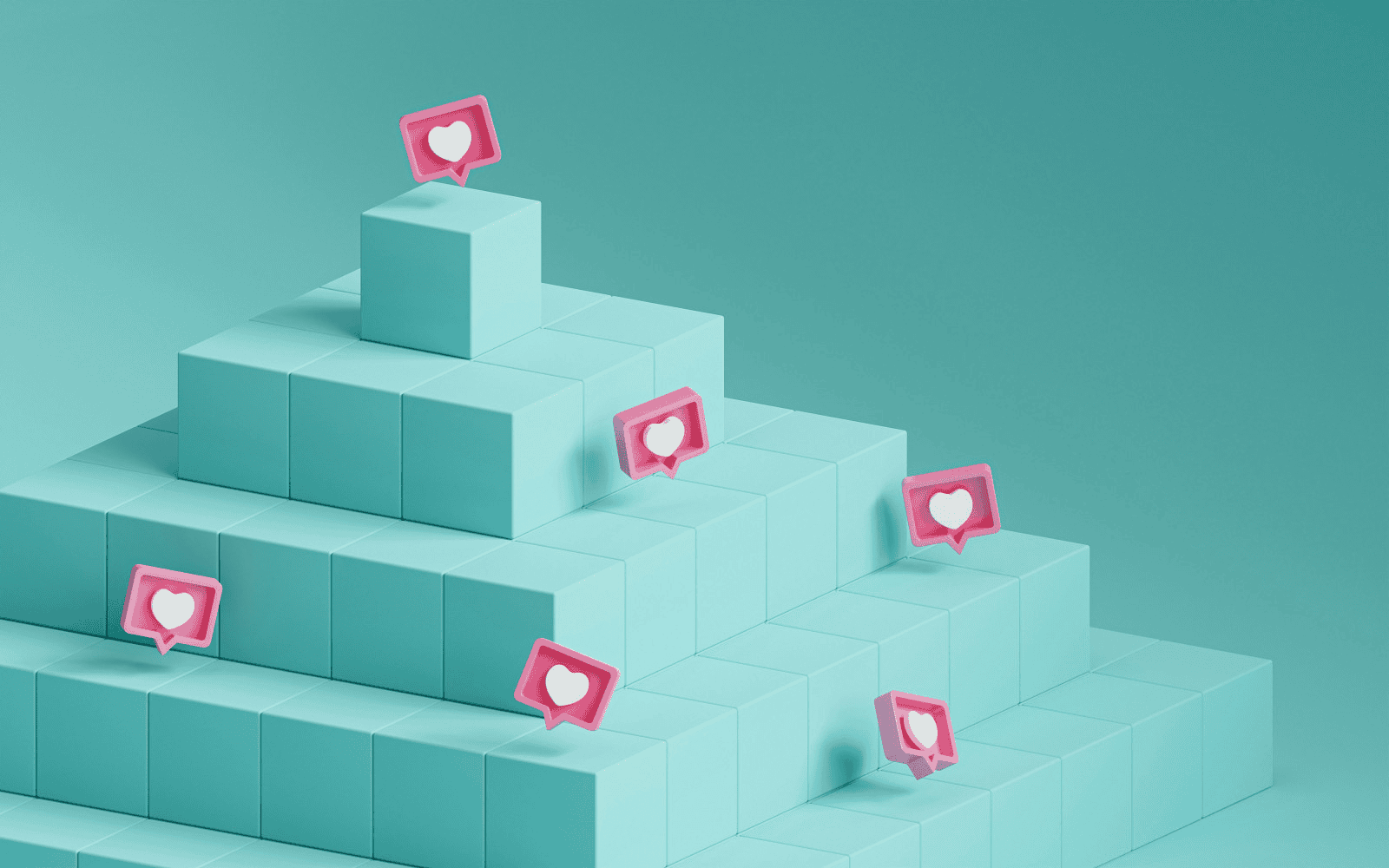 Likes and social media engagement icons on turquoise cube staircase, representing social media growth and popularity, popular among digital marketing and influencer marketing strategies.