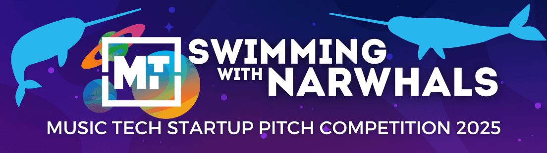 Shark and narwhal illustrations for music tech startup pitch competition 2025, digital graphic design, underwater theme, vibrant colors, innovative music and technology collaboration scene.