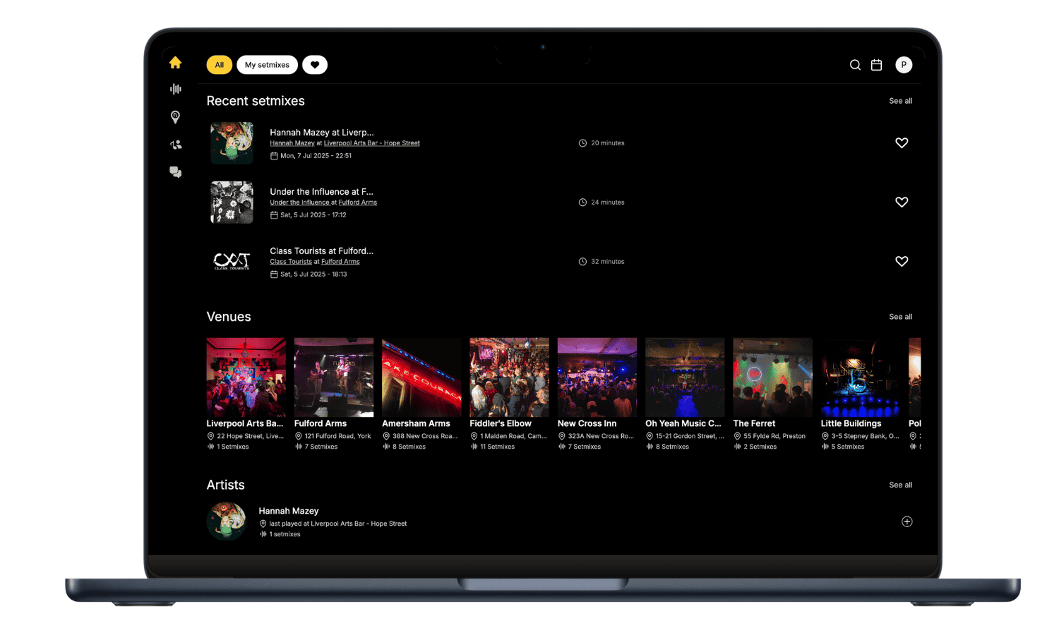 DJ software interface on a laptop showing recent setlists, venue listings, and artist info, optimized for music industry professionals and live performers.