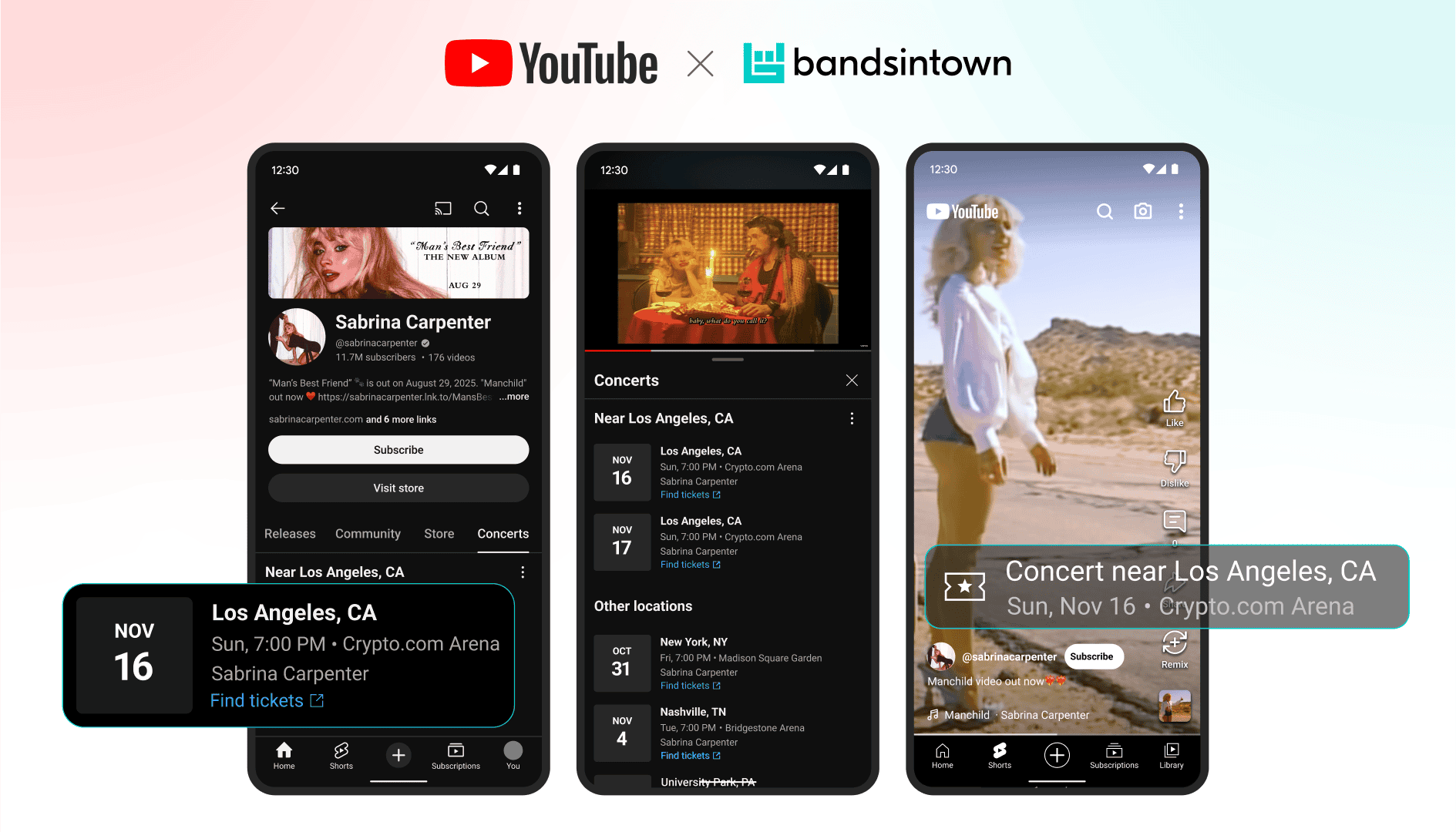LOS ANGELES, CA concert event on November 16 at Crypto.com Arena, featuring Sabrina Carpenter, with ticket links and event details displayed on mobile app screens.