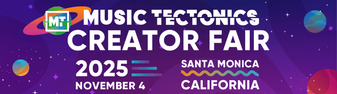 Music Tectonics Creator Fair 2025 promotional banner in Santa Monica, California, showcasing an event focused on music innovation and creator collaborations, scheduled for November 4.