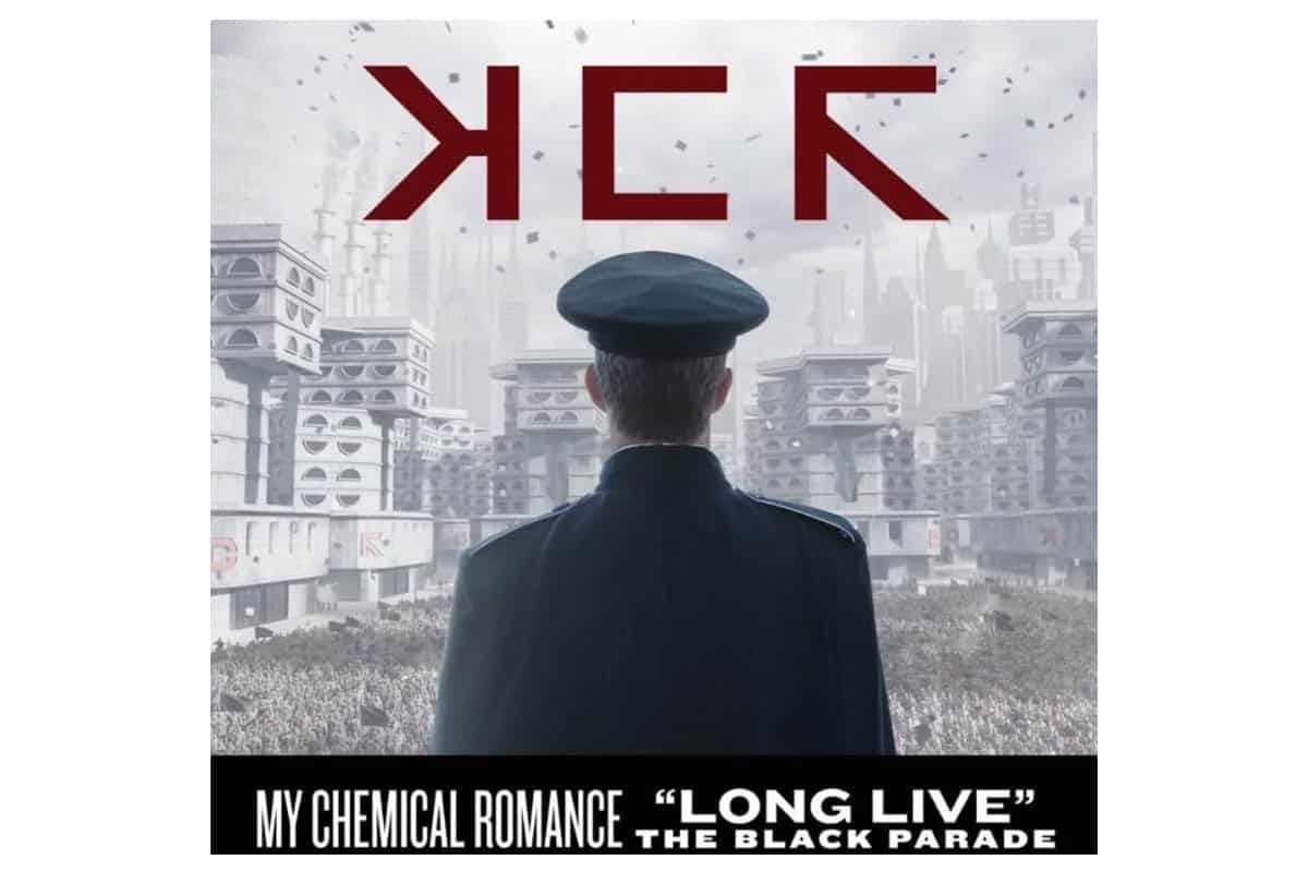 KI3R, dystopian cityscape with a mysterious figure, cyberpunk aesthetic, futuristic urban environment, and bold red text for music album cover, emphasizing electronic music and sci-fi themes.