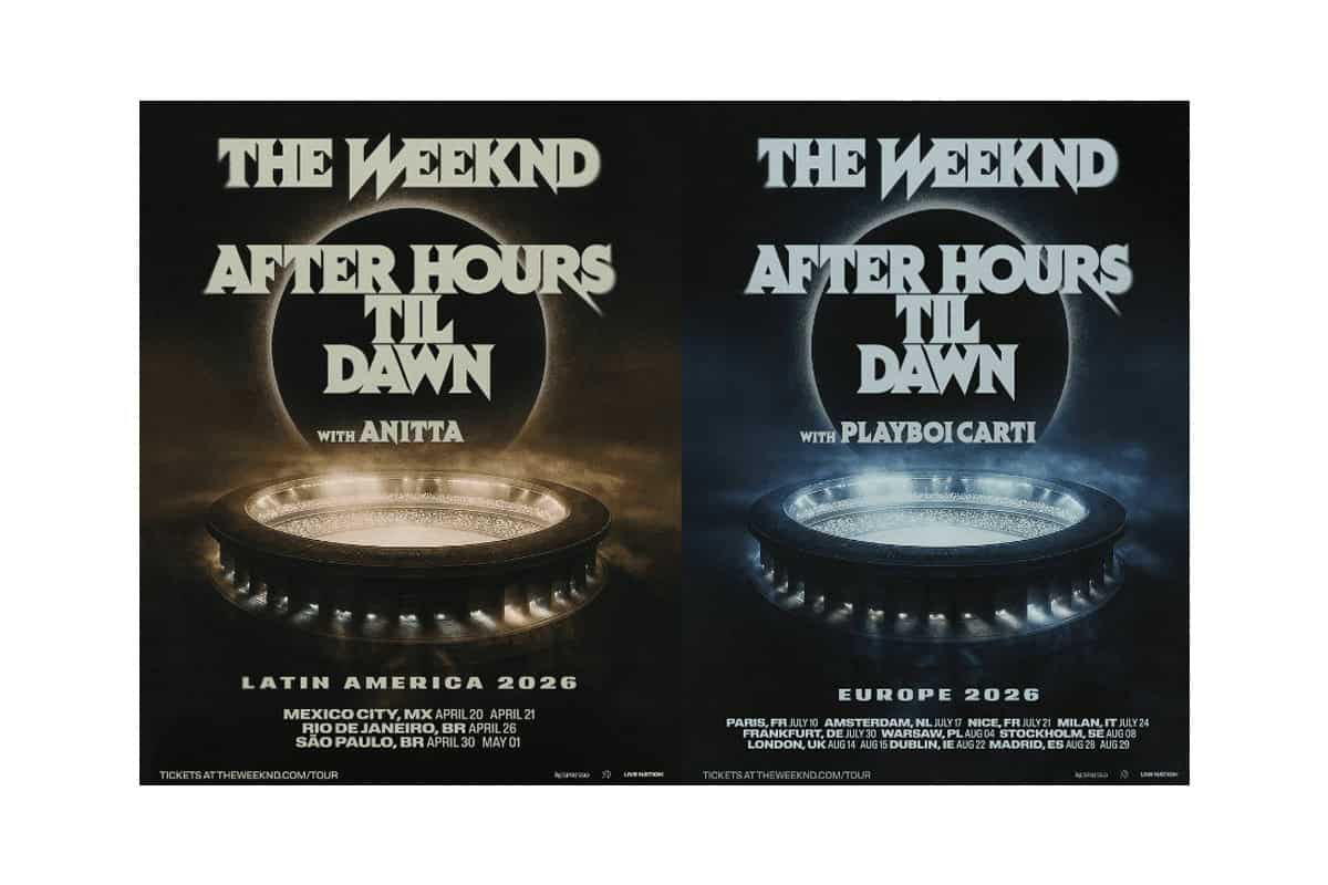 Colorful concert tour poster for The Weeknd's "After Hours Til Dawn" Latin America 2026 tour, featuring Anitta; vibrant design with tour details and concert locations.