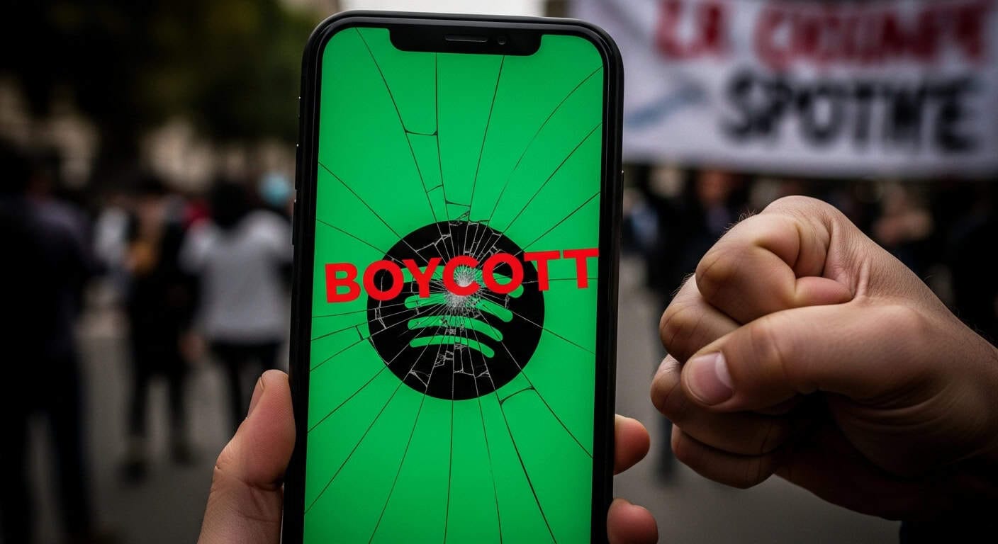 Boycott movement on smartphone with cracked screen background of protesters holding signs and banners at a rally or demonstration to promote social activism and free speech.