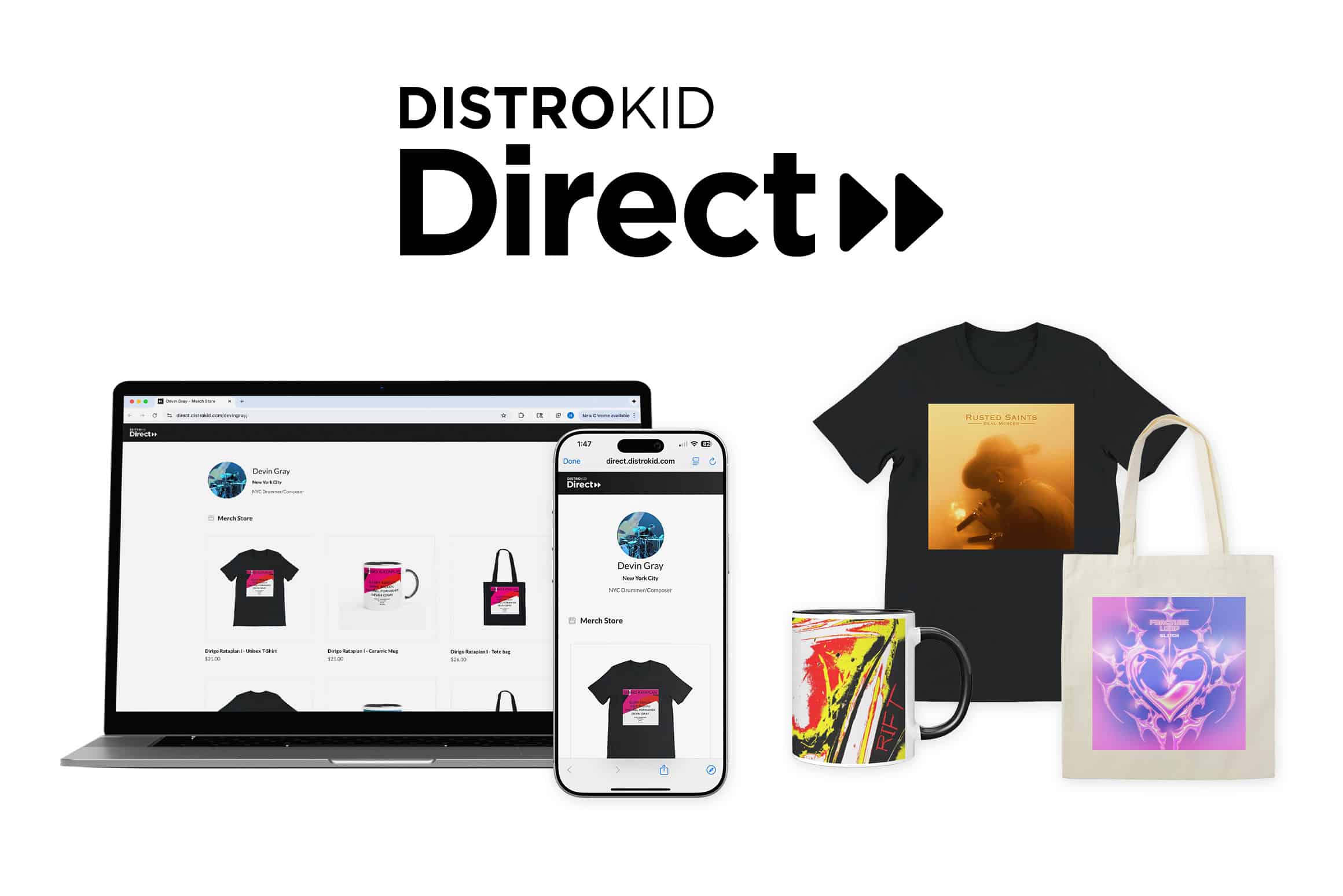 DistroKid Direct online merch store showcasing customizable apparel, mugs, tote bags, and digital platforms for artists and music creators.