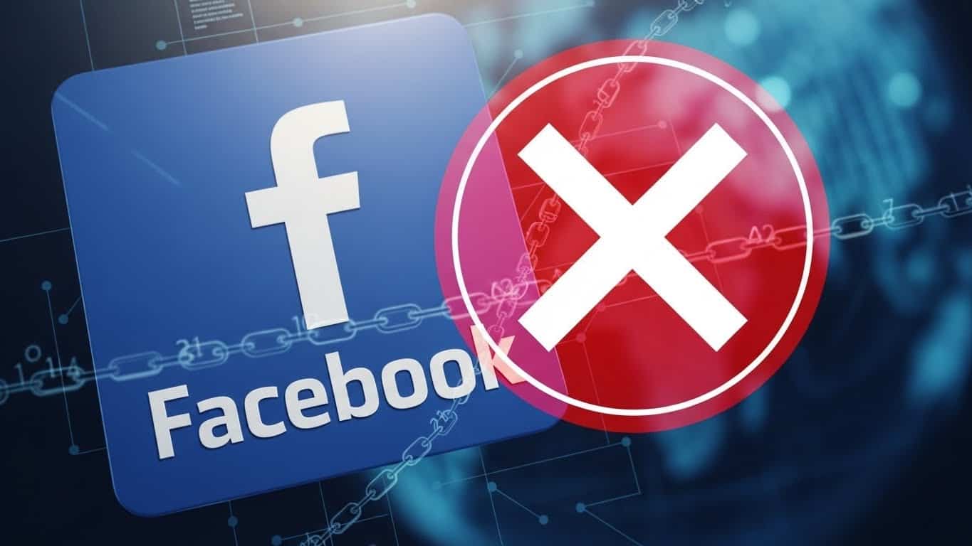 Facebook logo with a prohibition sign indicating account removal or deactivation, concept for social media management, social media ban, or account suspension.