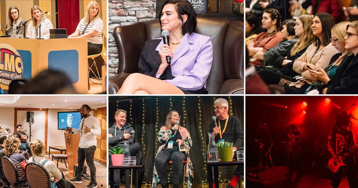 Innovative music industry conference with panels, artists, and live performances showcasing trends in music marketing and digital streaming.