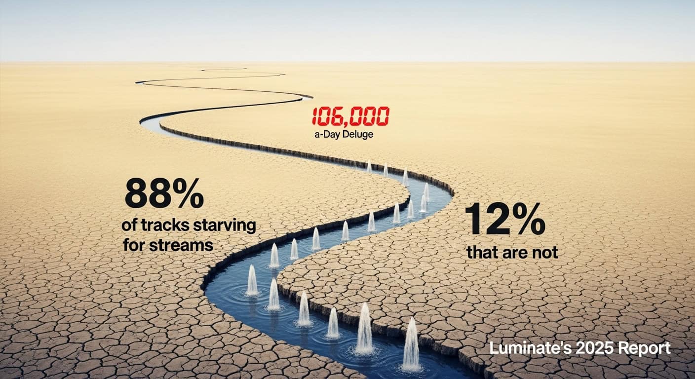 Dry cracked earth with a winding stream representing streaming data; overlay text highlights streaming statistics from Luminate's 2025 report.
