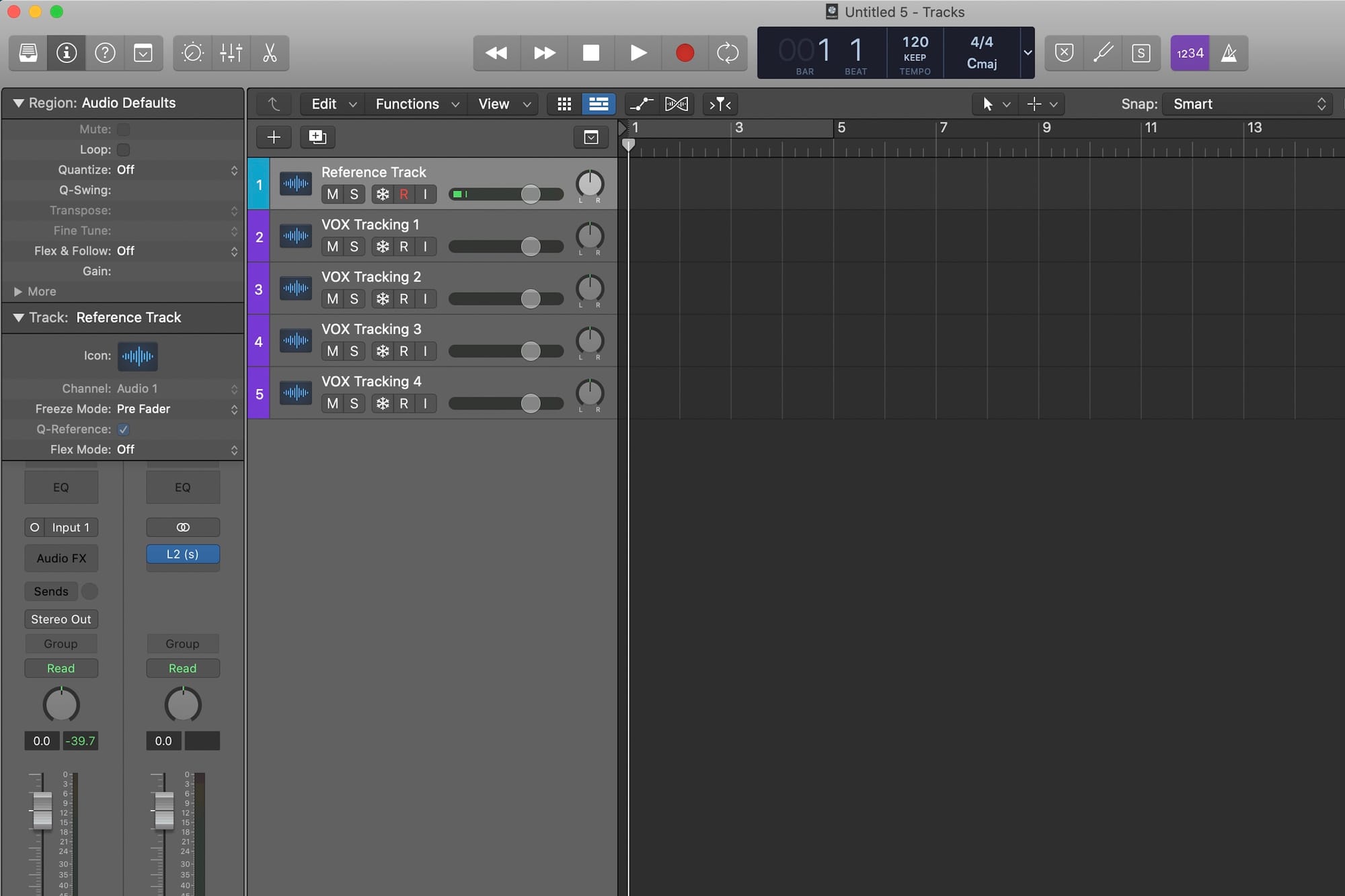 Logic Pro X new project with reference tracks and vocal tracks.
